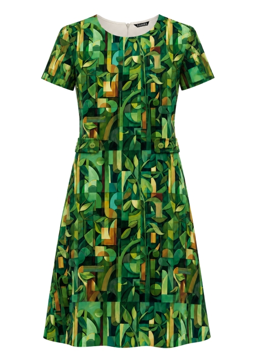 Rochie verde din crepe cu cordon reglabil Padure Cubista