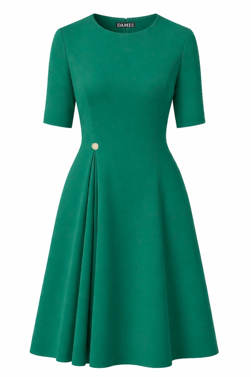 Rochie verde eleganta cu pliuri si nasture bijuterie