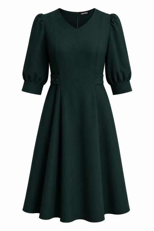 Rochie verde inchis in clini cu decolteu in V si taburi laterale