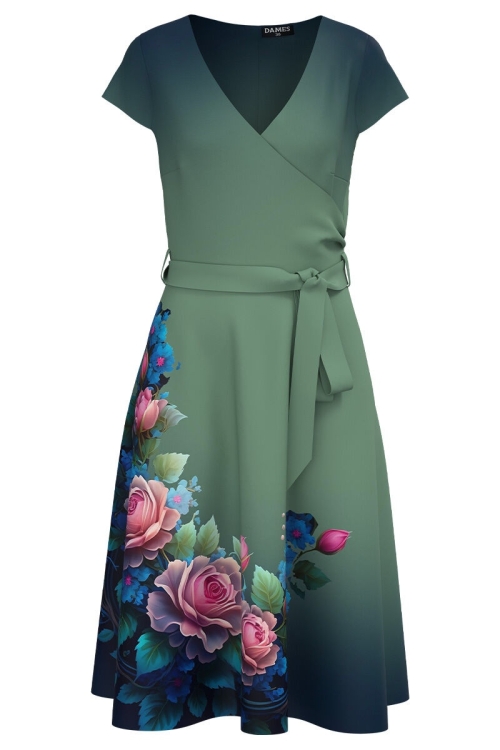 Rochie vernil in degrade cu maneca scurta imprimata cu model floral - Img 2