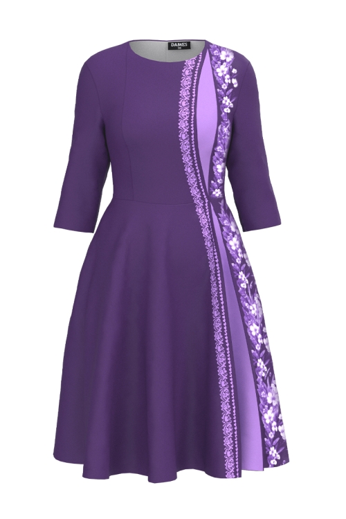 Rochie violet eleganta clos cu sectiune in contrast flori de Iasomie
