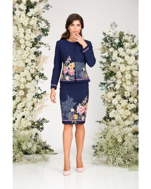 Sacou bleumarin cambrat imprimat cu model floral in contrast CMD3006 - Img 5