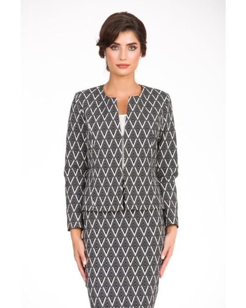 Sacou cambrat cu model geometric alb negru CMD3384 - Img 3