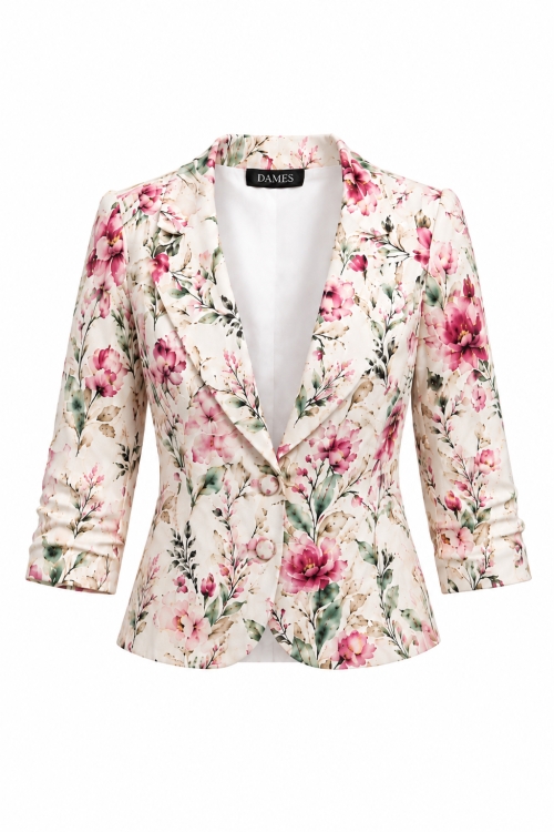 Sacou elegant cambrat cu maneca incretita si imprimeu floral