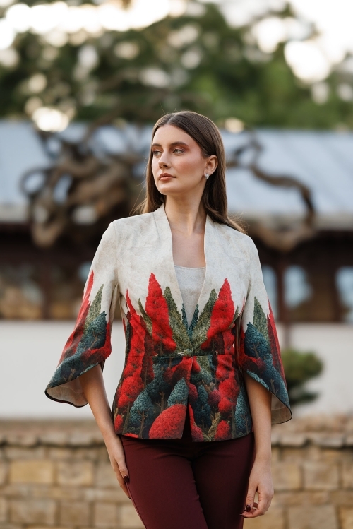 Sacou elegant cu maneci trei sferturi asimetrice imprimat Poveste de Toamna