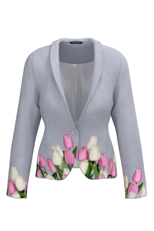 Sacou gri cambrat imprimat cu model floral Lalele CMD2290 - Img 2