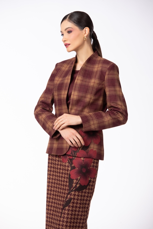Sacou in caro cu print floral din catifea reiata - Img 2