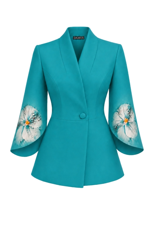Sacou turcoaz elegant cu maneci trei sferturi asimetrice imprimat Floral