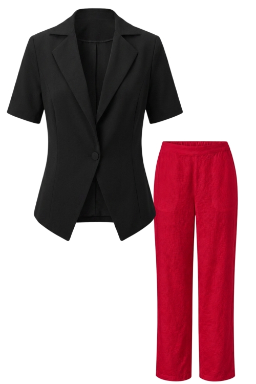 Set cu sacou negru cu revere si maneca scurta cu pantalon drept din vascoza