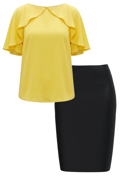 Set dama bluza galbena din vascoza si fusta conica neagra
