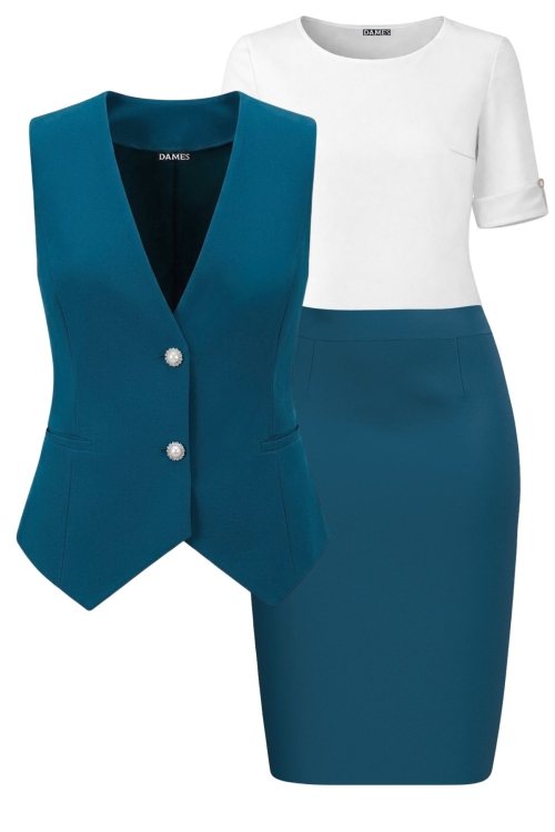 Set dama cu bluza alba, vesta si fusta conica albastru turcoaz