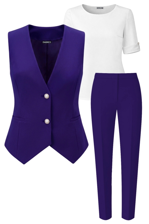 Set dama cu bluza alba, vesta si pantalon conic violet