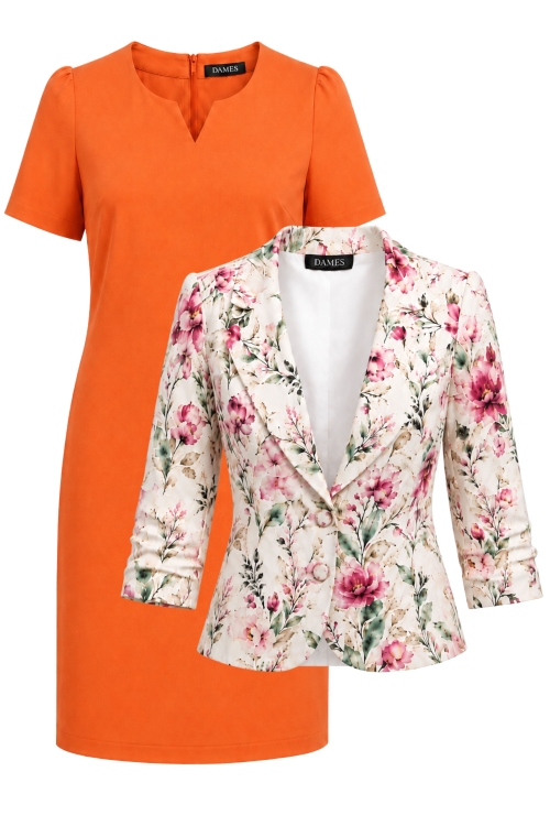 Set dama sacou cu maneca incretita si rochie oranj cu decupaj in V