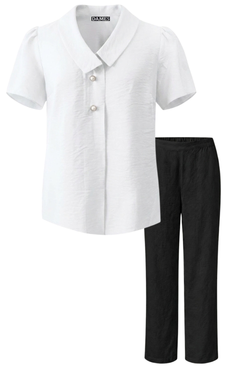 Set din vascoza pantalon drept negru si bluza alba