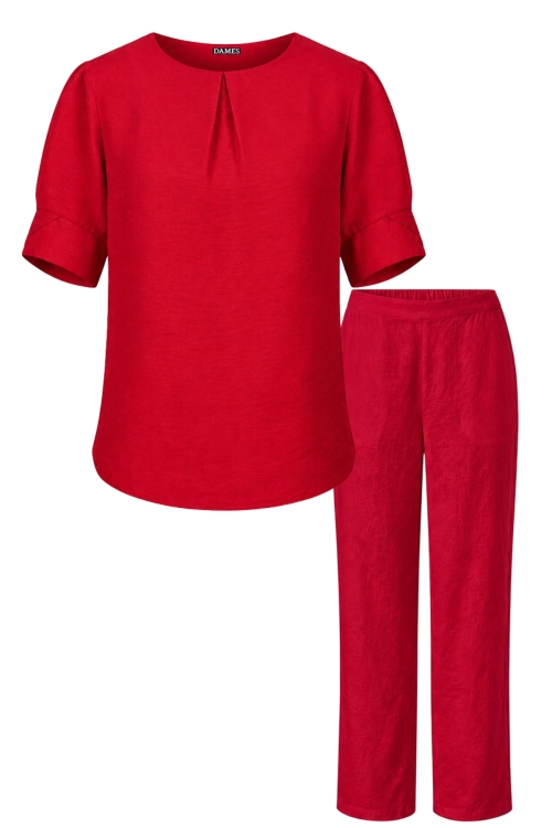 Set din vascoza pantalon drept si bluza cu pliu rosu