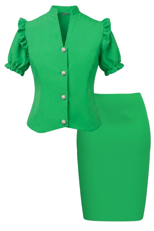 Set elegant sacou cu detalii decorative si fusta conica verde Doll