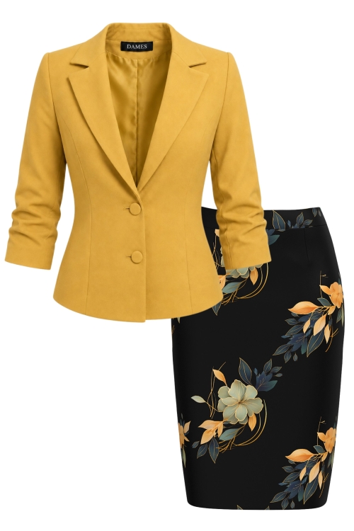 Set elegant sacou ocru cu maneca incretita si fusta conica Camelii