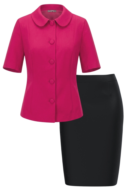 Set elegant sacou roz trandafiriu cu guler rotund si fusta conica neagra