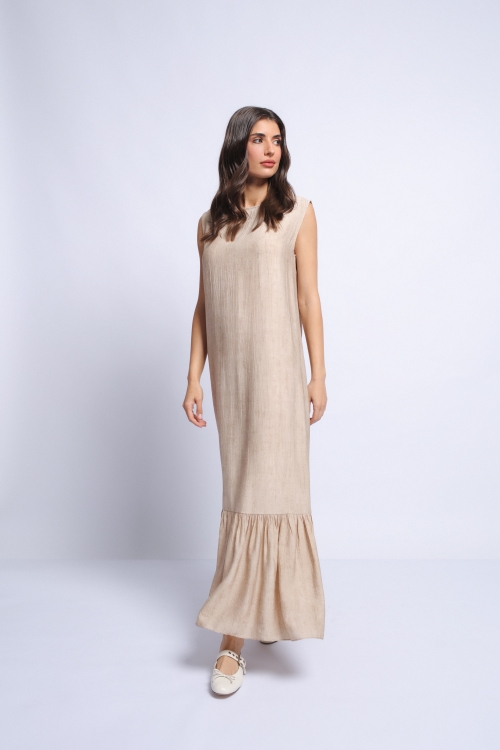 Set rochie lunga bej fara maneci si jacheta din rayon - Img 2