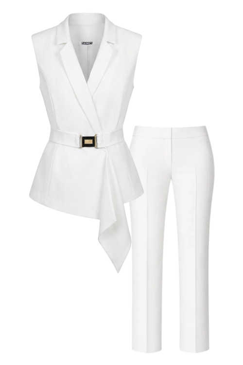 Set vesta alba de dama cu detaliu si trim detasabil si pantalon drept alb