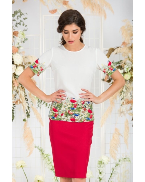 Bluza alba de vara cu maneca scurta si imprimeu Flori de camp CMD755 - Img 5
