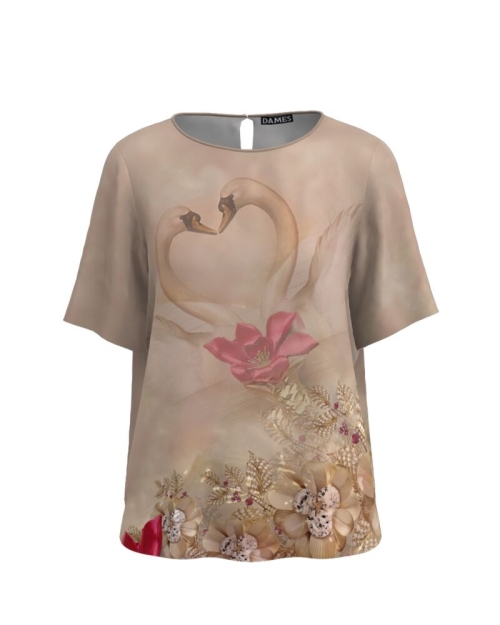 Bluza bej de vara cu maneca scurta si imprimeu floral CMD758