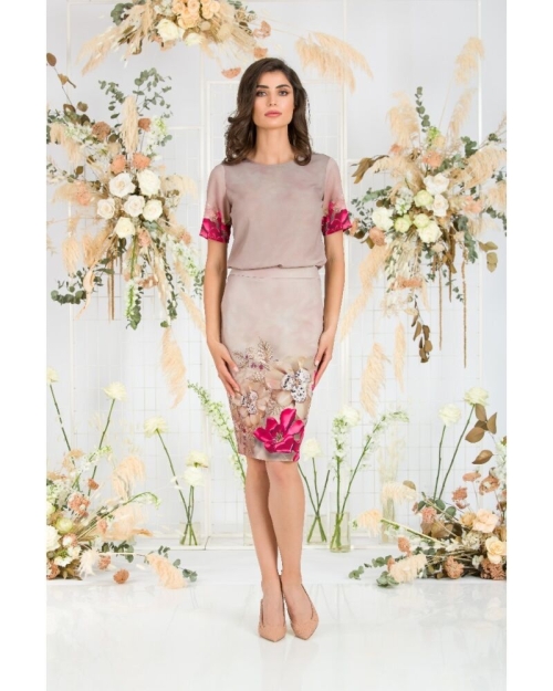 Bluza bej de vara cu maneca scurta si imprimeu floral CMD766 - Img 3