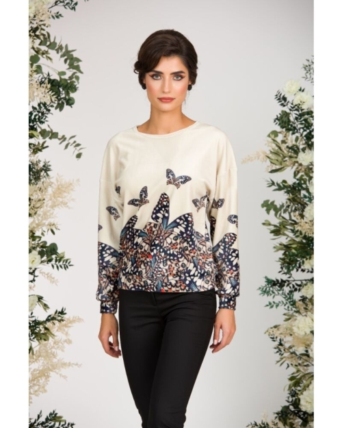 Bluza bej tip hanorac din catifea cu imprimeu fluturi CMD1704 Stoc - Img 3