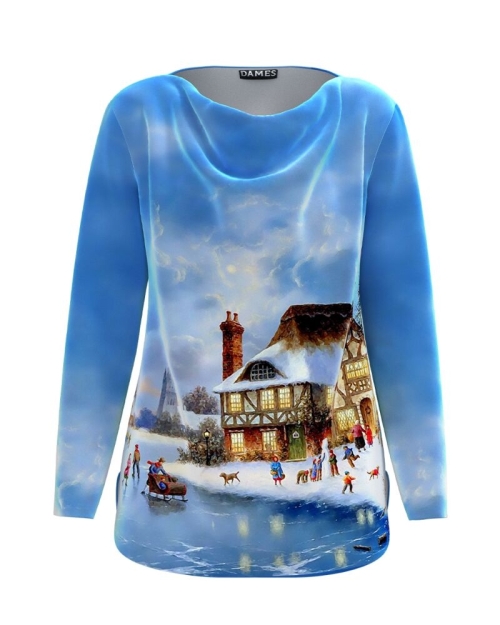 Bluza bleu din catifea cu imprimeu de Craciun CMD3586