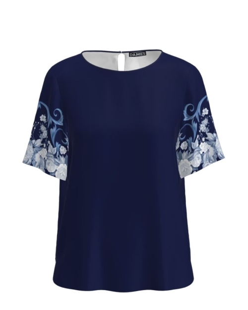 Bluza bleumarin cu maneca scurta imprimata floral CMD4595