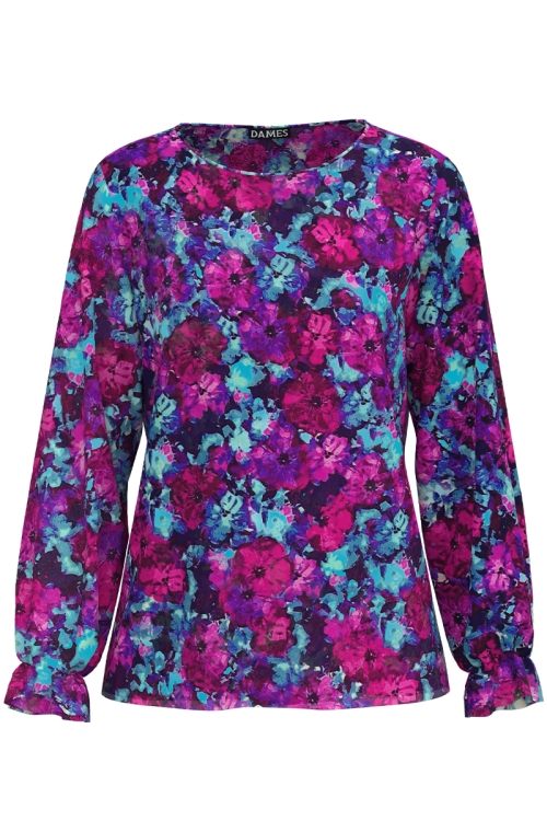 Bluza din voal cu maneca lunga si flori multicolore