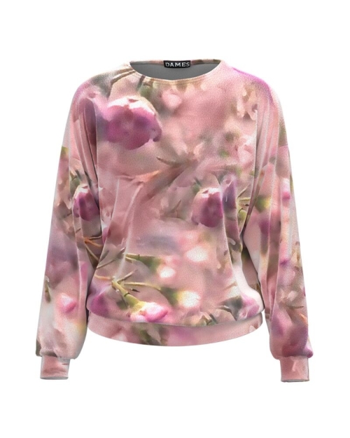 Bluza in nuante de roz tip hanorac din catifea cu imprimeu floral CMD2020