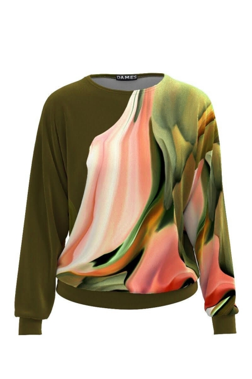 Bluza kaki tip hanorac din catifea cu imprimeu abstract CMD459 - Img 2