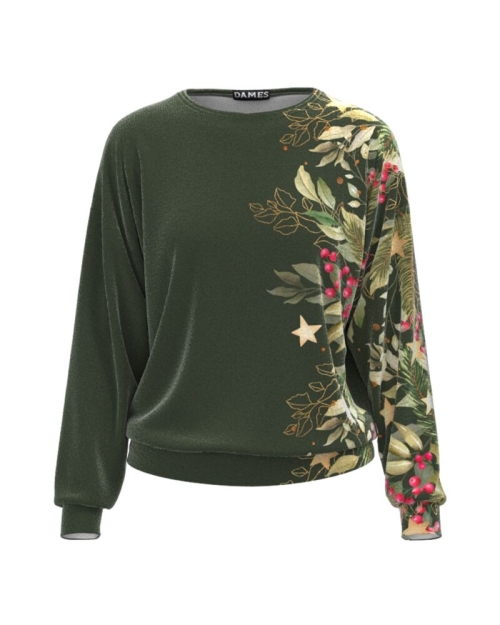 Bluza kaki tip hanorac din catifea cu imprimeu floral CMD3551