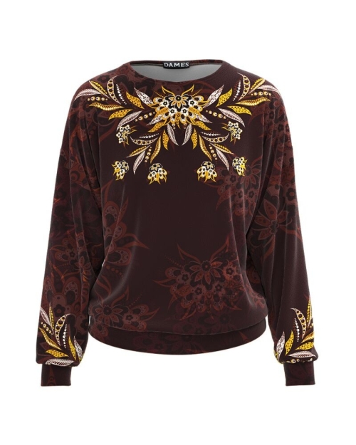 Bluza maro tip hanorac din catifea cu imprimeu floral CMD1712