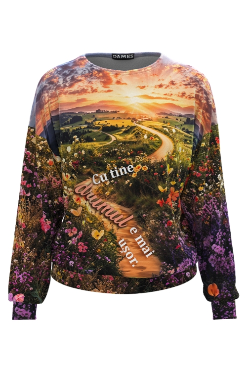 Bluza multicolora din catifea cu mesaj La drum impreuna