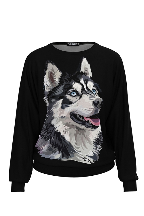 Bluza neagra tip hanorac din catifea cu imprimeu Husky
