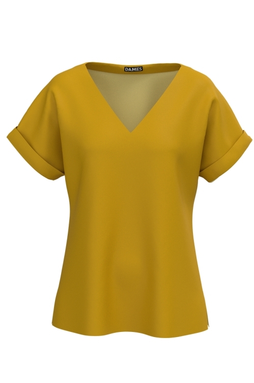 Bluza ocru de vara cu maneca raglan si decolteu in V