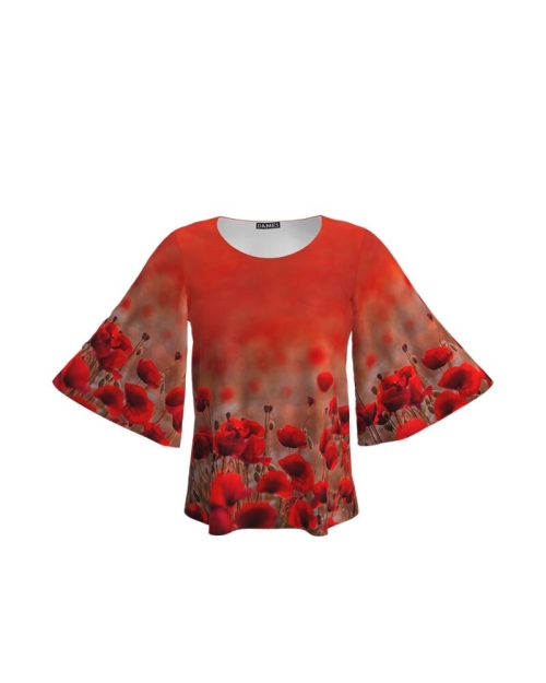 Bluza rosie cu maneci tip fluture imprimata maci CMD1511