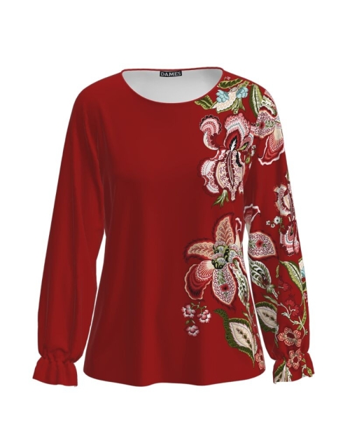 Bluza rosu caramiziu cu maneca lunga si imprimeu floral CMD1936