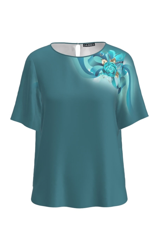 Bluza turcoaz cu maneca scurta imprimata cu model Floral CMD2973 - Img 2