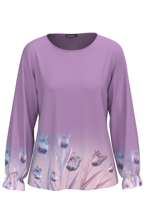 Bluza violet cu maneca lunga imprimata lalele de cristal SS25