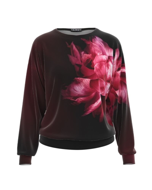 Bluza Viva Magenta tip hanorac din catifea cu imprimeu Floral