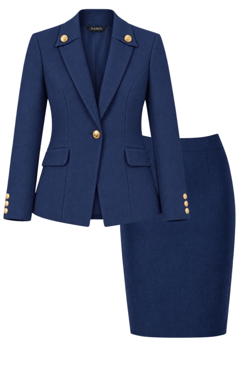 Costum bleumarin sacou cu nasturi aurii si fusta conica din stofa fina Valeria