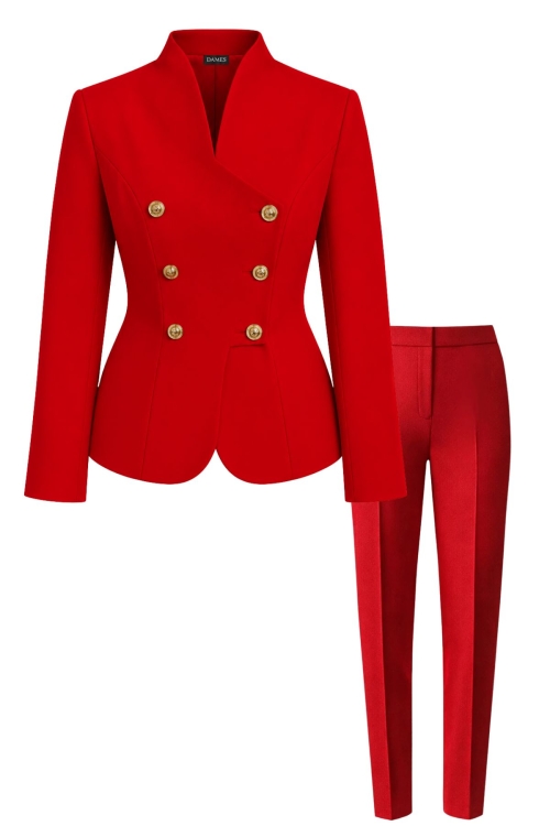 Costum elegant premium cu sacou asimetric si pantaloni conici rosu