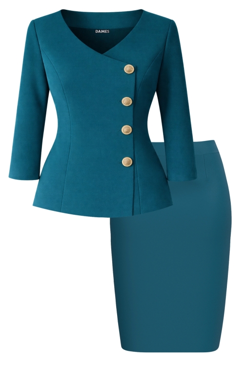 Costum elegant sacou cu decolteu inima si fusta conica turcoaz