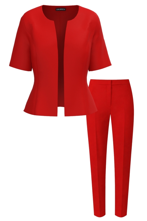 Costum elegant sacou cu maneca scurta si pantalon conic rosu