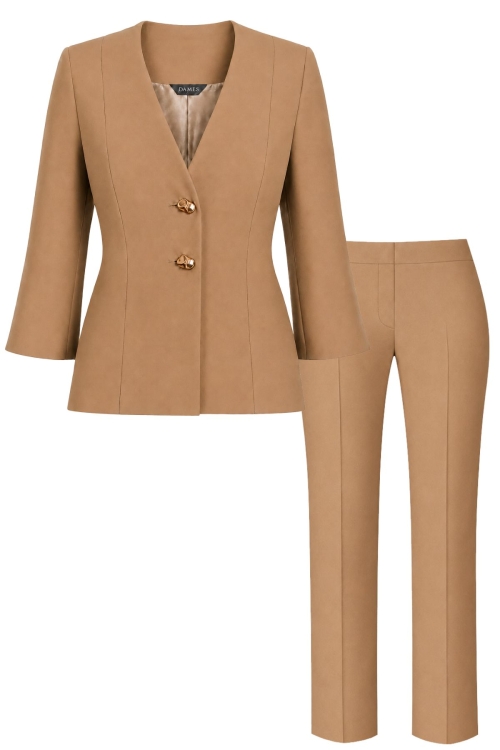Costum elegant sacou cu maneca trei sferturi si pantalon drept bej Tivoli