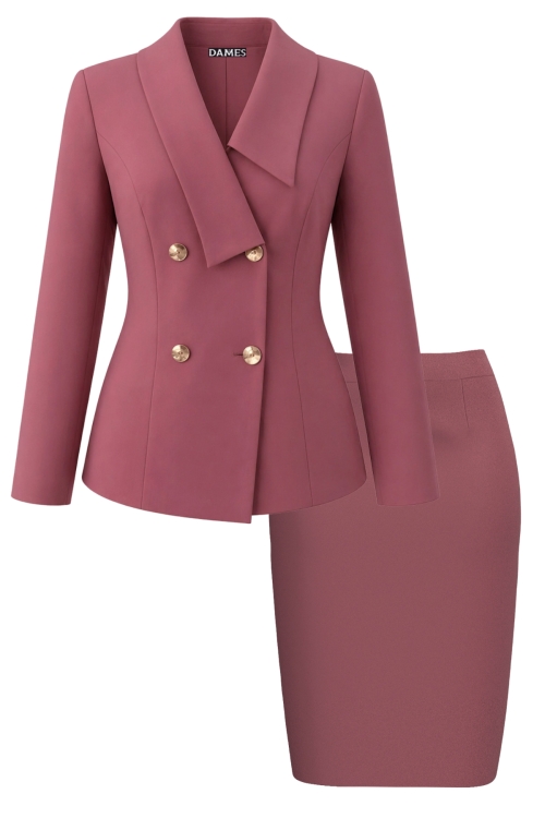 Costum elegant sacou cu rever asimetric si fusta conica roz antic