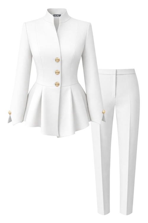 Costum elegant sacou premium alb cu maneci despicate si pantalon conic alb